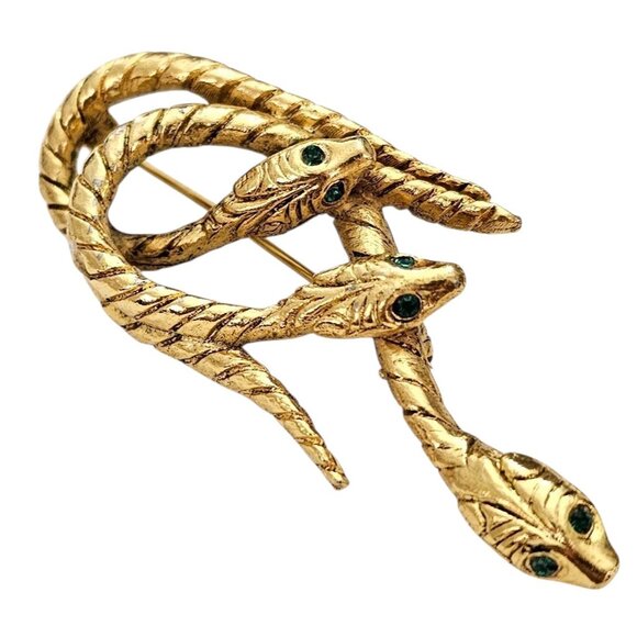 Gold Tone Snake Trio Brooch Vintage Green Rhinestone Pin - Picture 3 of 8